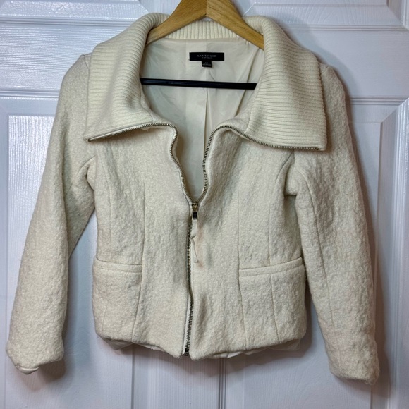Ann Taylor Wool Sweater Jacket Coat Gold Zipper Off white Sz 12 Over Coat - Picture 15 of 16